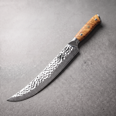 Silver Dynasty 10-inch scimitar knife, 67-layer mirror-polished Damascus with olive wood burl handle
