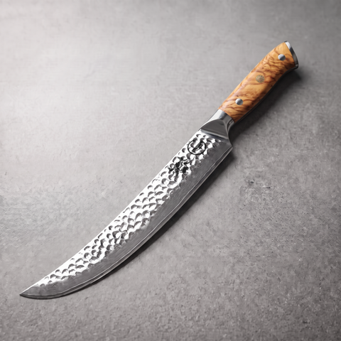 Silver Dynasty 10-inch scimitar knife, 67-layer mirror-polished Damascus with olive wood burl handle