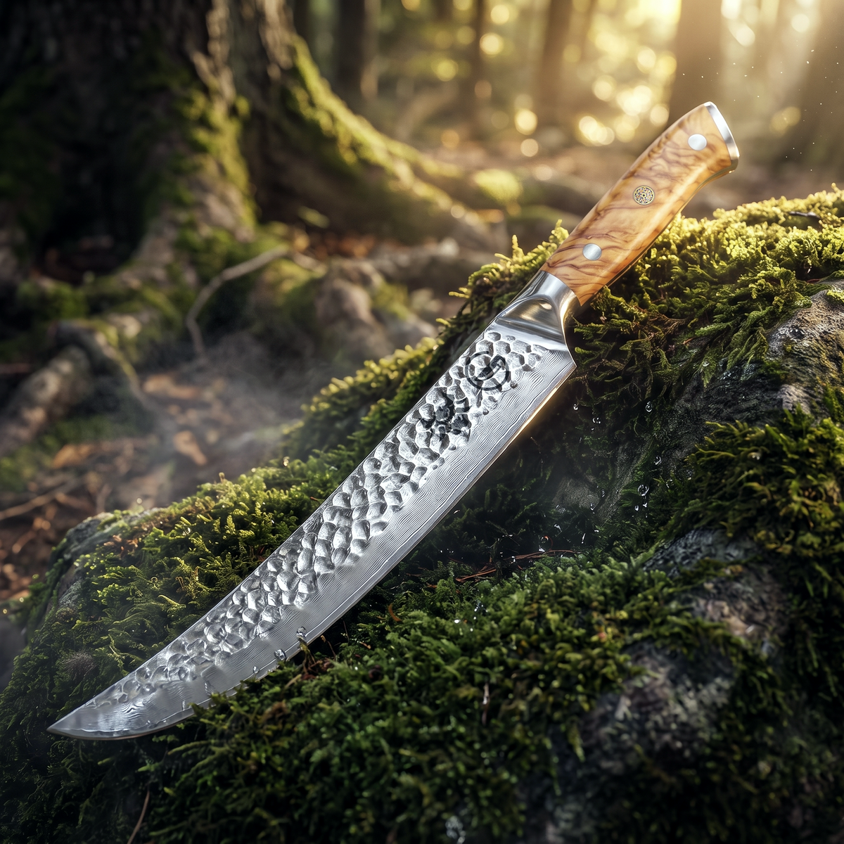 Curved scimitar blade edge, 67-layer Damascus over a cobalt-enriched core at 60 HRC