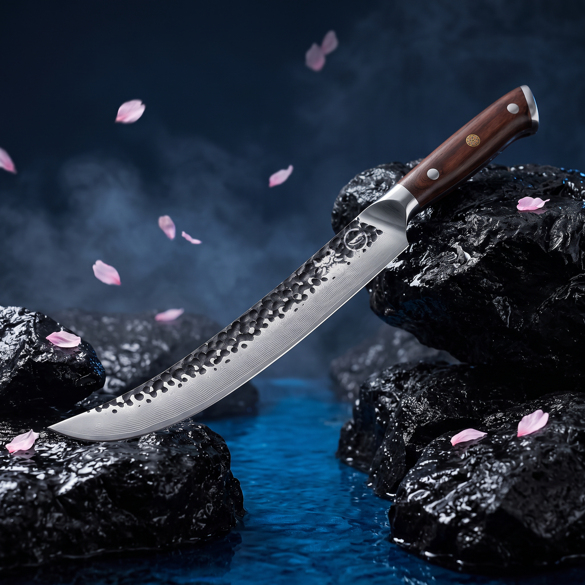 Full tang black walnut handle on the Damascus Dynasty 10-inch scimitar carving knife