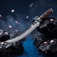 Full tang black walnut handle on the Damascus Dynasty 10-inch scimitar carving knife