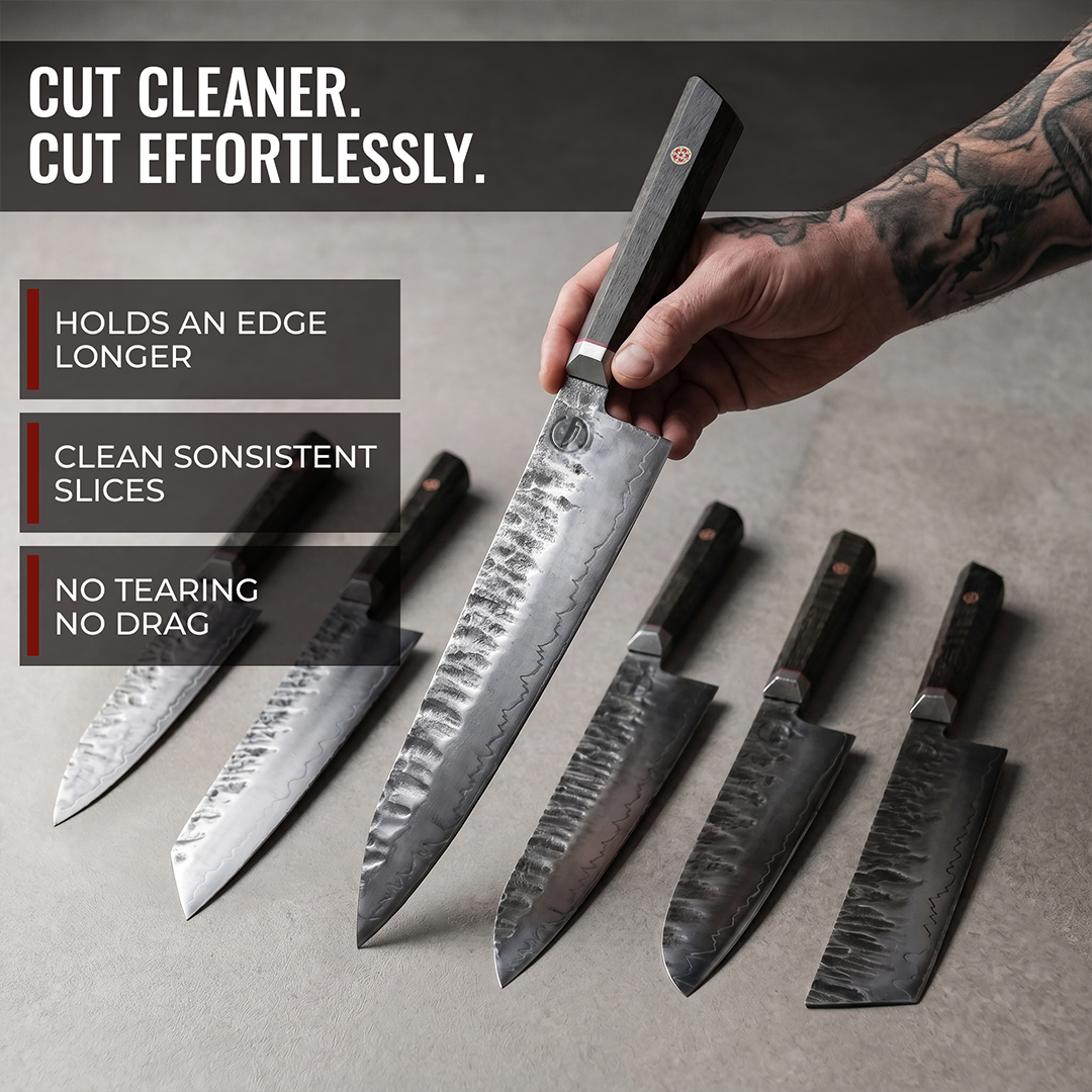 Bara Forge Signature Six blades laid out, six shapes from paring to gyuto