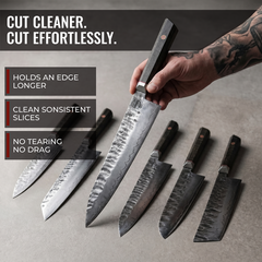 Bara Forge Signature Six blades laid out, six shapes from paring to gyuto