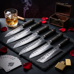 Bara Forge Signature Six knives with rose mosaic pins in burl wood handles