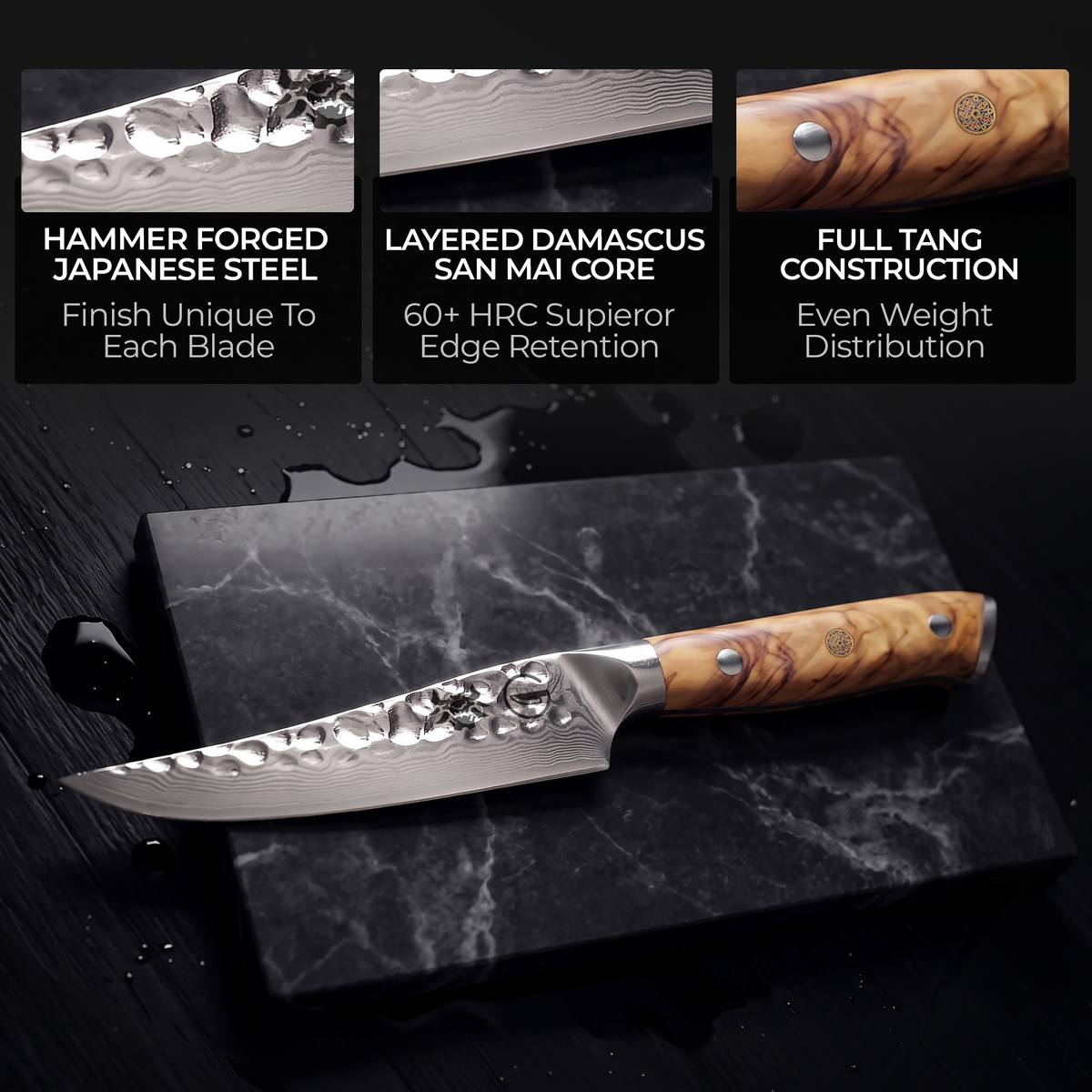 Silver Dynasty steak knife 67-layer Damascus blade and full tang olive wood burl handle