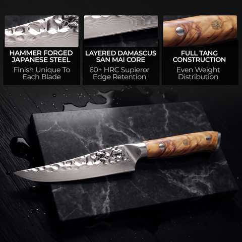 Silver Dynasty steak knife 67-layer Damascus blade and full tang olive wood burl handle