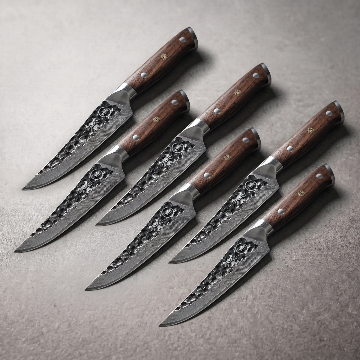 Damascus Dynasty 5-inch steak knives set of 6, 67-layer Damascus with black walnut handles