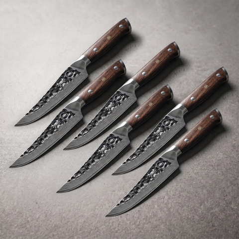 Damascus Dynasty 5-inch steak knives set of 6, 67-layer Damascus with black walnut handles