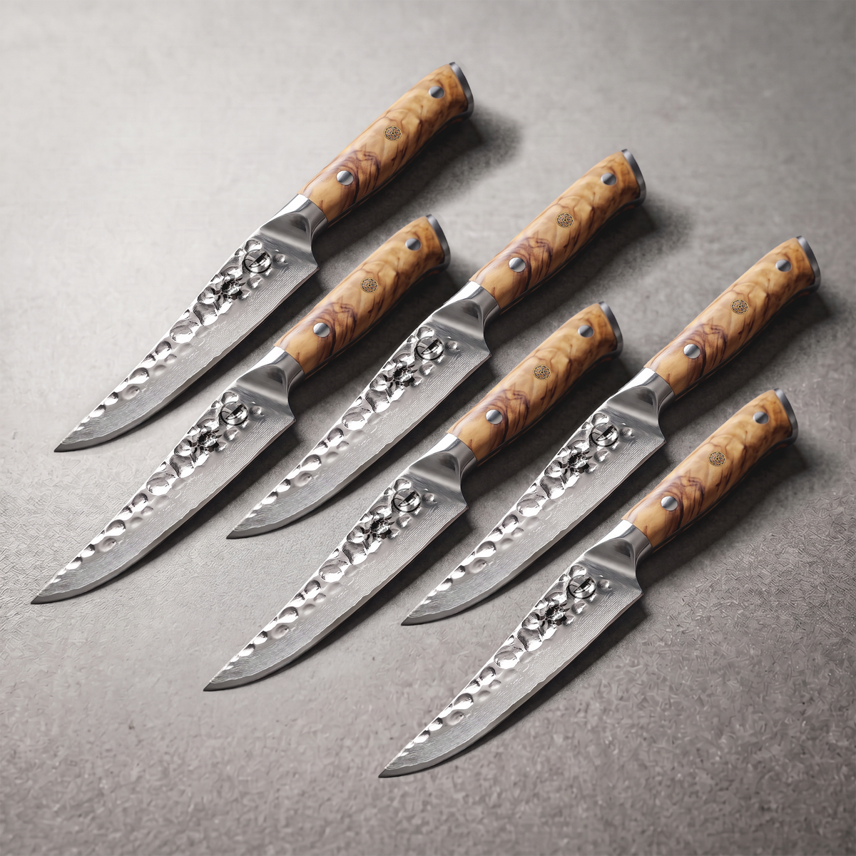 Silver Dynasty 5-inch steak knives set of 6, 67-layer mirror-polished Damascus with olive wood burl handles