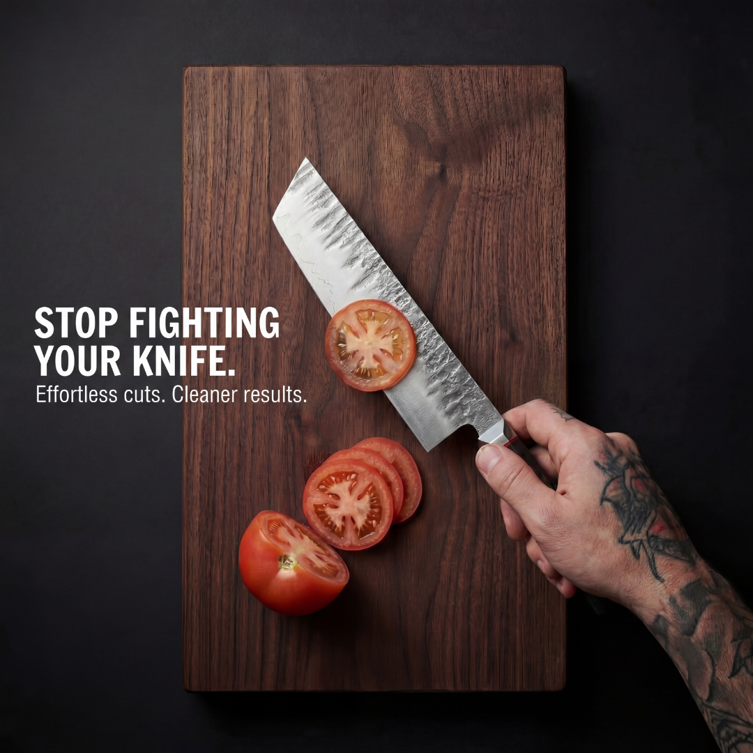Bara Forge 7 inch nakiri slicing tomatoes on a board, stop fighting your knife