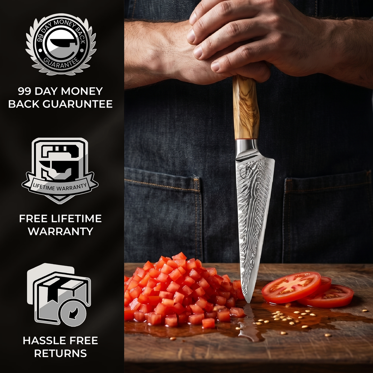 Feather Forge 6 inch utility knife dicing tomato with 99 day money back guarantee, free lifetime warranty and hassle free returns
