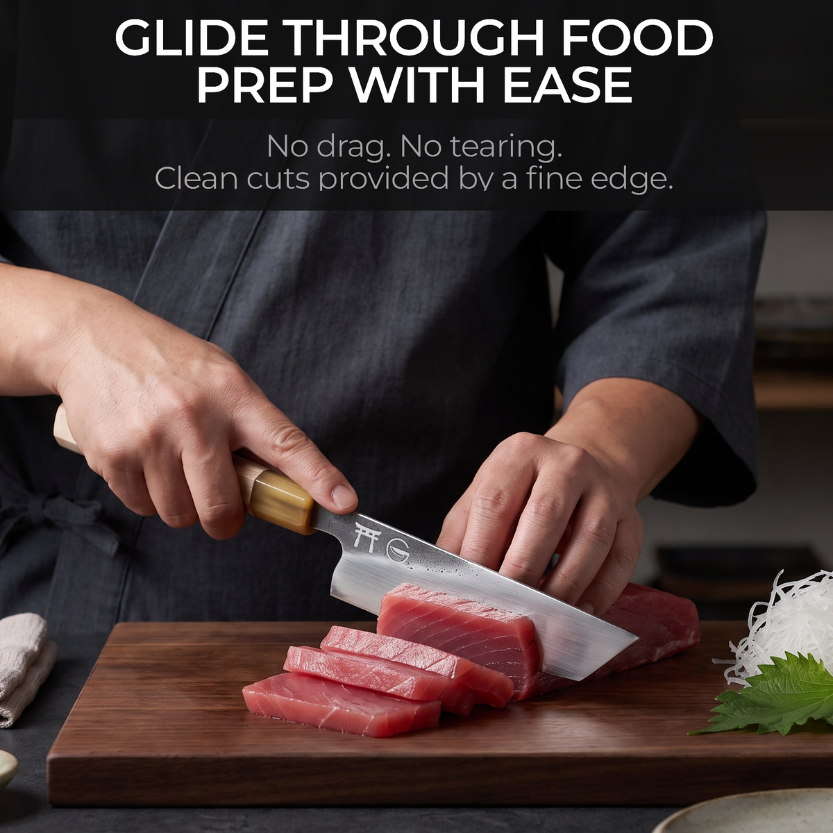 Torii 7-inch nakiri knife making a straight-down chop through vegetables