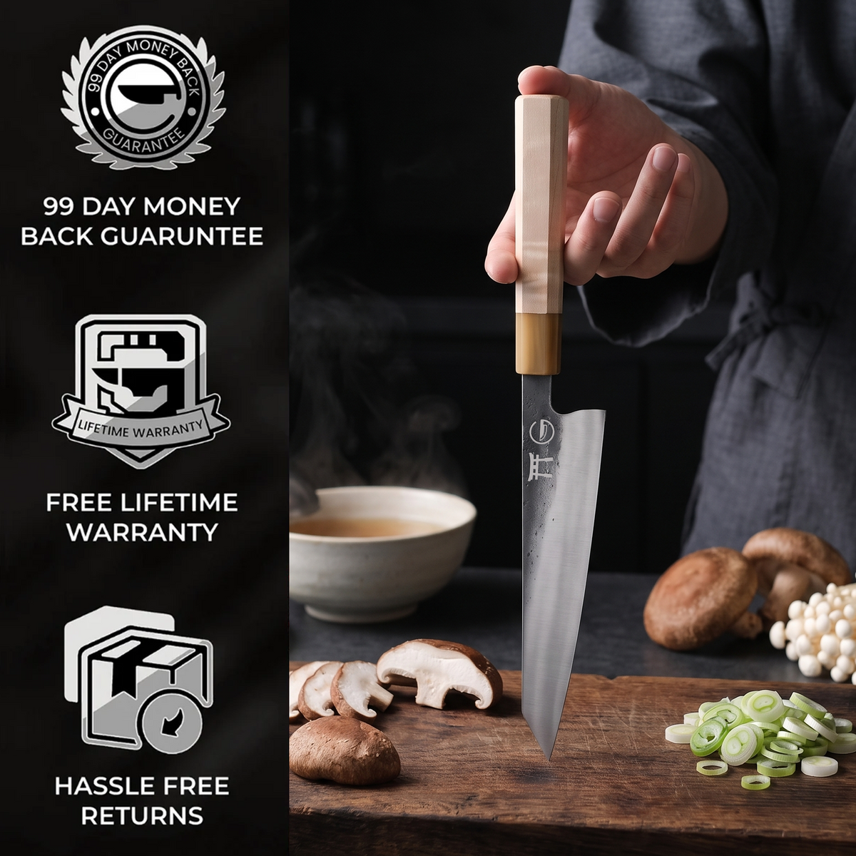 99-day money back guarantee and free lifetime warranty — Torii 9" Kiritsuke
