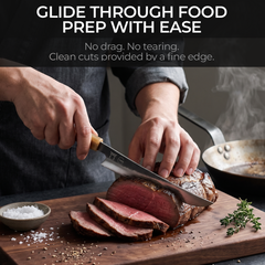 Torii 10-inch sakimaru slicing knife carving protein in a single stroke with its 12-degree edge