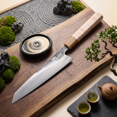 Torii 9-inch kiritsuke knife on a wooden board, hand-forged 7Cr17MoV high carbon blade