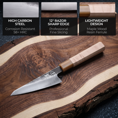 Torii 6 inch petty knife: high carbon steel, 12 degree razor sharp edge, lightweight design