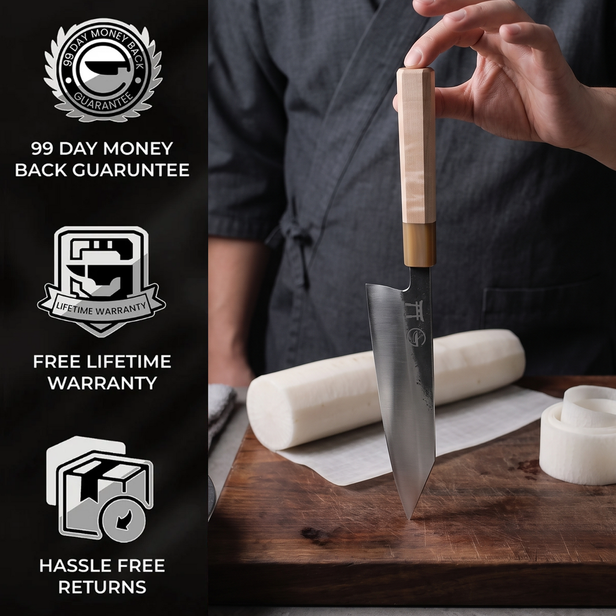 99-day home trial and free lifetime guarantee on the Torii 8-inch bunka knife