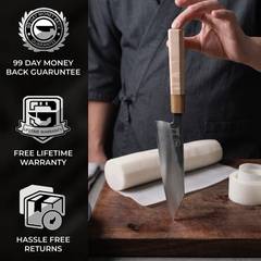 99-day home trial and free lifetime guarantee on the Torii 8-inch bunka knife