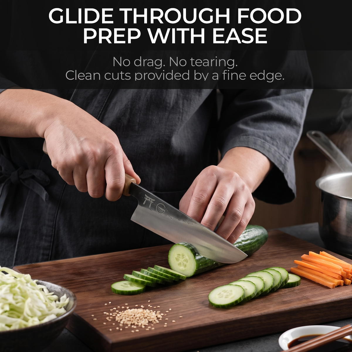 Torii 8-inch gyuto knife rocking through herbs on a board