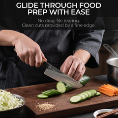 Torii 8-inch gyuto knife rocking through herbs on a board