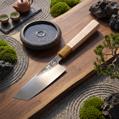Torii 7-inch nakiri knife resting on a wooden cutting board