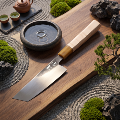 Torii 7-inch nakiri knife resting on a wooden cutting board