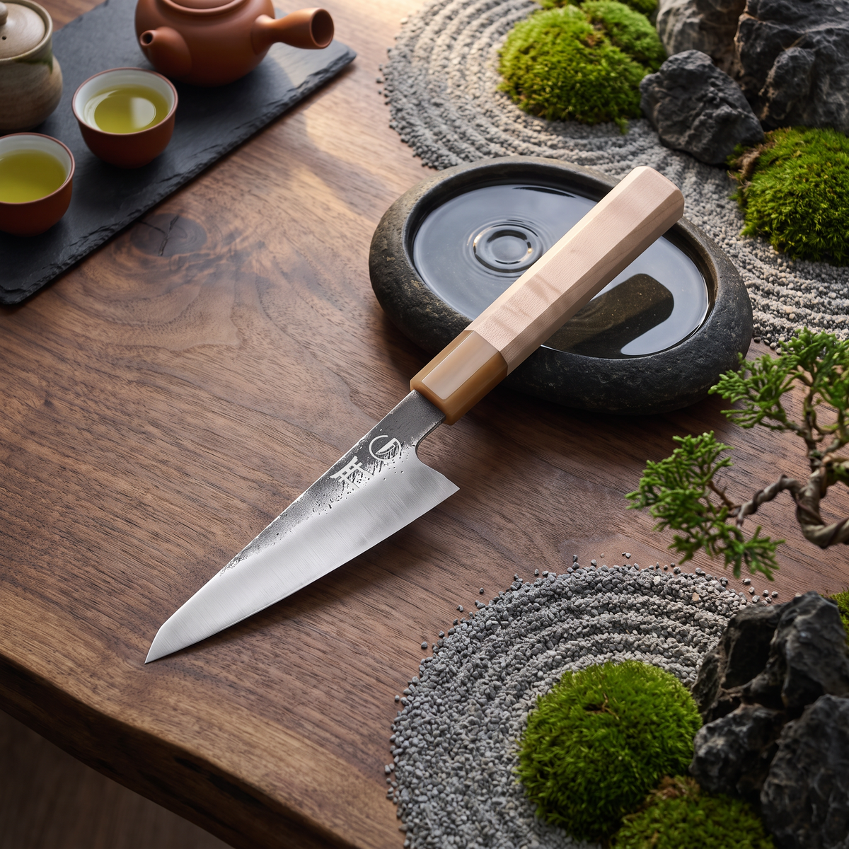 Torii 6-inch petty knife, hand-forged 7Cr17MoV high carbon steel, on a wooden board