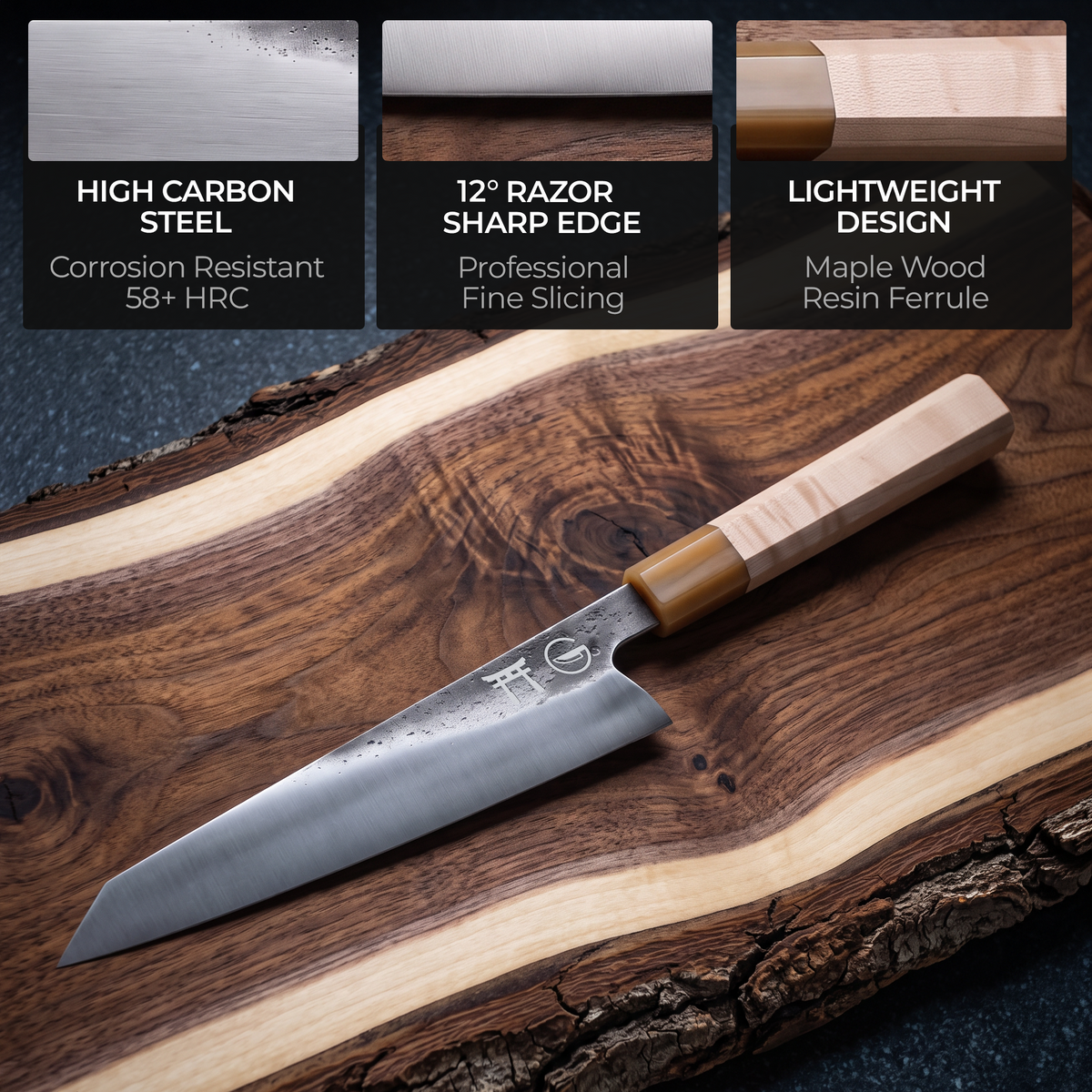 Torii 9" Kiritsuke — high carbon steel, 12° razor sharp edge, lightweight design