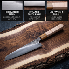 Torii 9" Kiritsuke — high carbon steel, 12° razor sharp edge, lightweight design