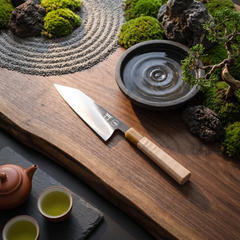 Torii 8-inch bunka knife, hand-forged 7Cr17MoV high carbon steel, on a wooden board