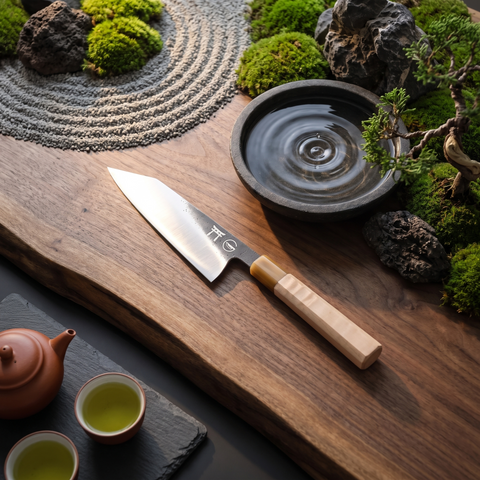Torii 8-inch bunka knife, hand-forged 7Cr17MoV high carbon steel, on a wooden board
