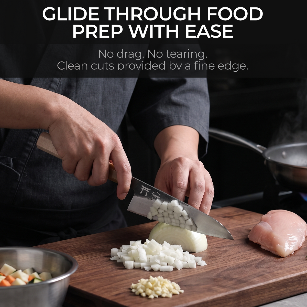 Torii 7-inch chef knife slicing vegetables, hand-forged 7Cr17MoV high carbon blade