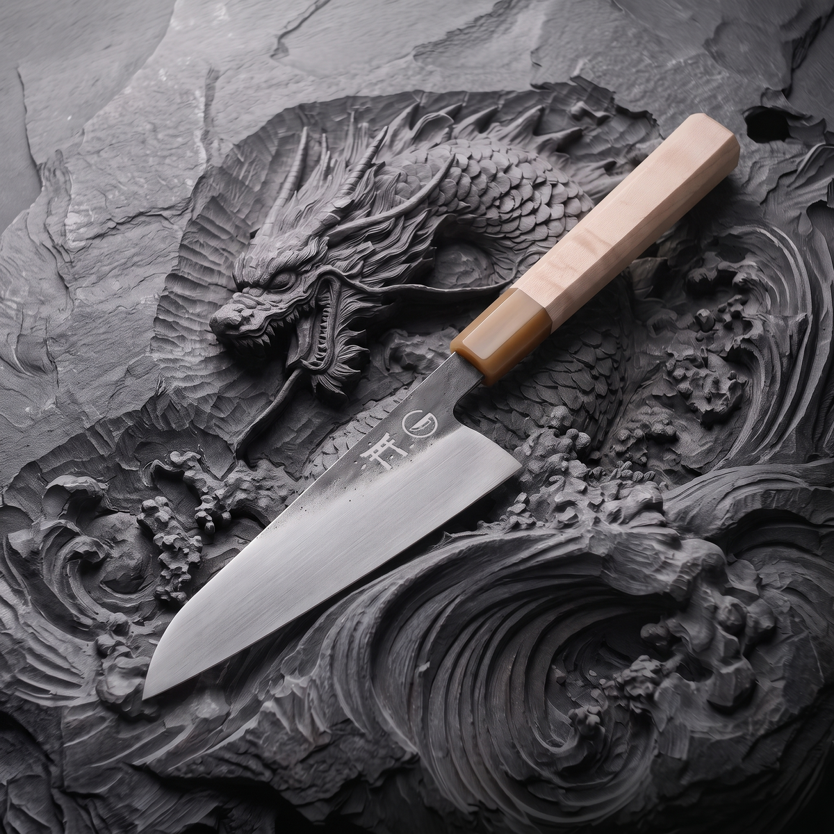 Close-up of the Torii 7-inch chef knife edge and hand-hammered 7Cr17MoV blade face