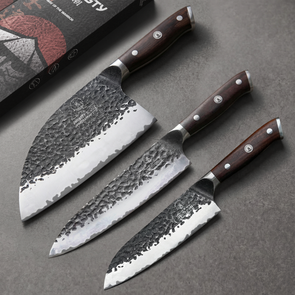 Dynasty Series Warrior three piece knife set, hand-forged San Mai blades with AUS-10 high carbon cores