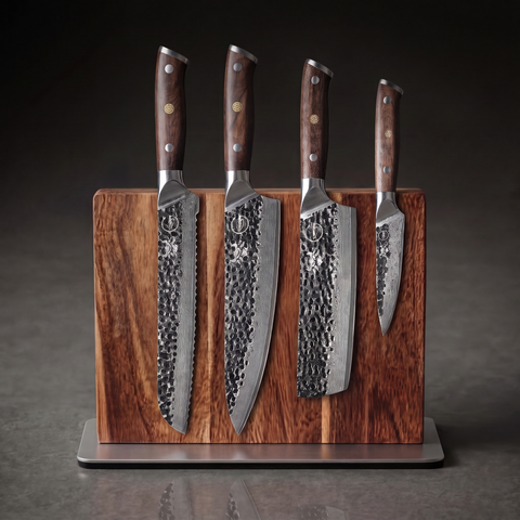 Damascus Dynasty Emperor's Throne Set: 8 inch bread, 8 inch chef, 7 inch nakiri and 4 inch paring knives on the acacia magnetic display block